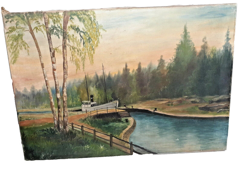 SELATINE maritime 1800s RIVER W STEAMSHIP STEAMER Antique Oil Painting 18×26″