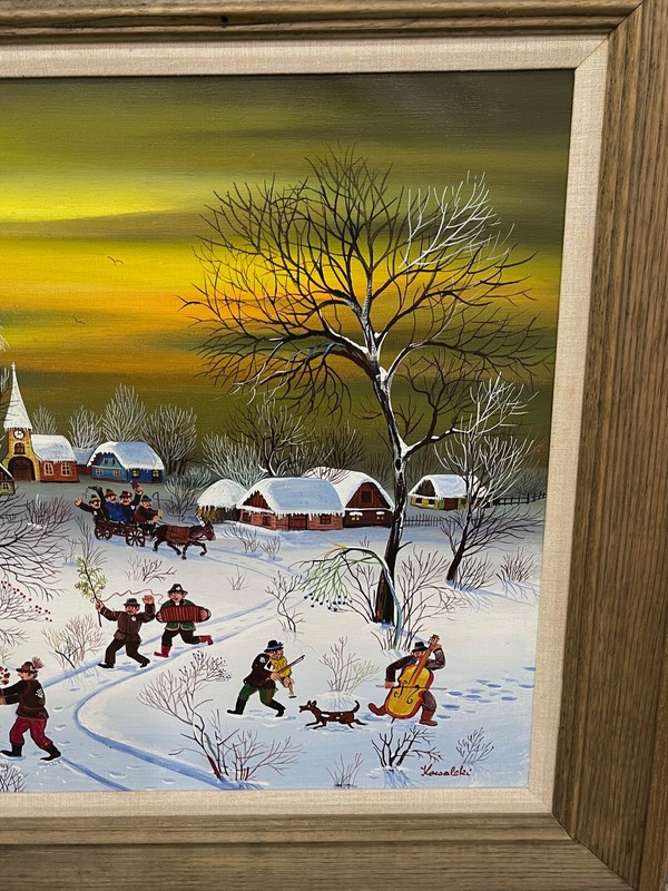 Vintage Hungarian Artist Kowalski Signed Oil Painting Winter Village Scene gallery