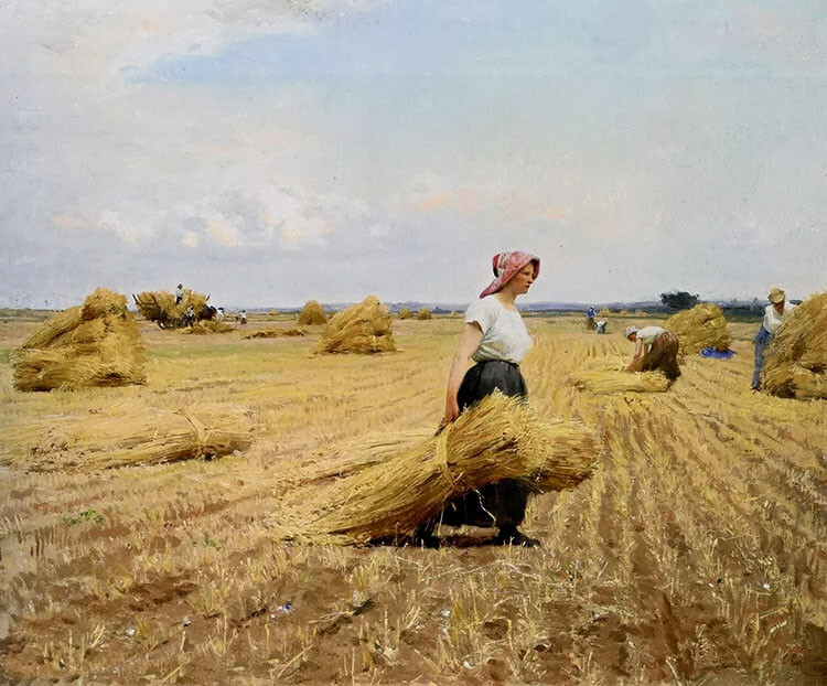 Oil painting victor gabriel gilbert – the harvest season busy villagers canvas