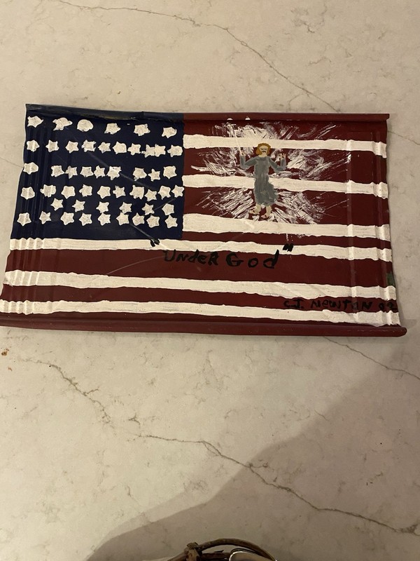 Primitive American Flag Painting w/ Jesus/Angel UNDER GOD on Old Tin Shingle gallery