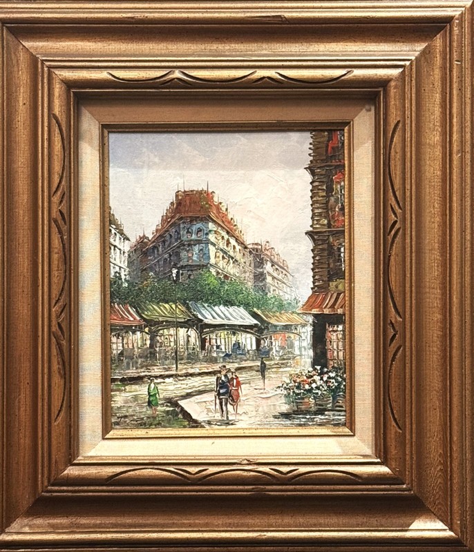 T. Carson (French), VTG Mid-20th C Textured O/B «Parisian Street Scene», Signed!