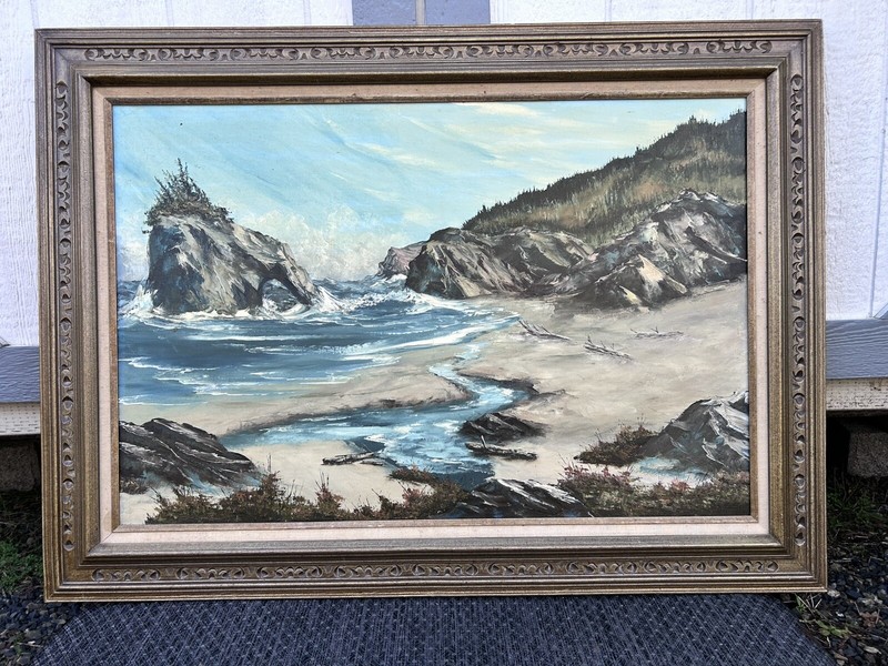 Antique Original Oil Painting Ocean Seashore Sea Rocks Beach Framed Driftwood￼