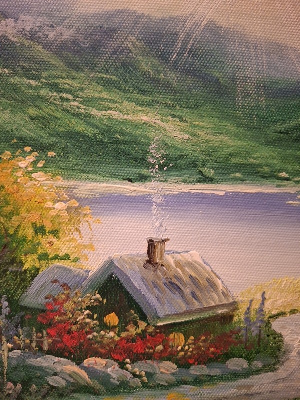 Framed Signed Painting Kinkade Style Cottage Lake Mountains Chimney Smoke