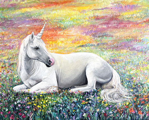 Original Painting, Unicorn Fantasy Horse Art, Rainbow Garden, Canvas 16x20in