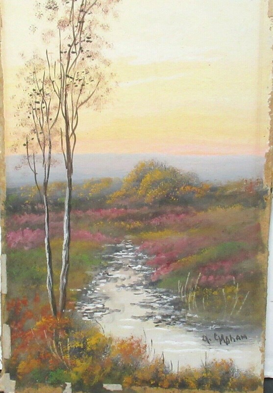 G. MOHAM ORIGINAL OIL ON BOARD RIVER CREEK MARSH LANDSCAPE AT SUNSET PAINTING gallery