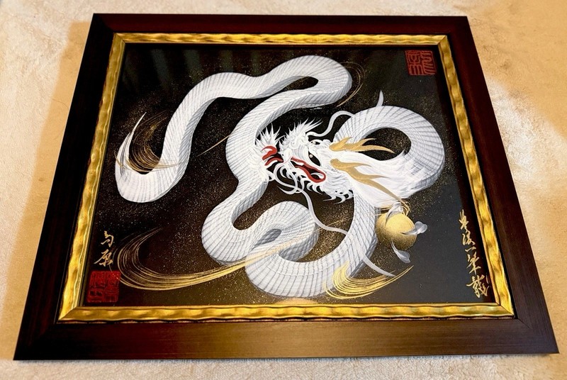 Original White Dragon Painting Signed Japanese Art Hitofude Ryu OneStroke Dragon