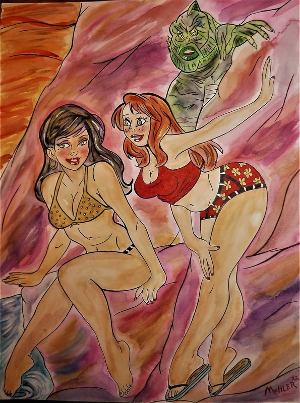 Lowbrow Art- Gill Man’s Cove» Lowbrow Fantasy» 18×24 Watercolor
