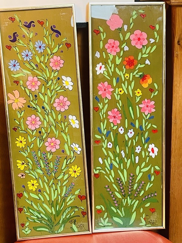 Beautiful Original Floral Painting Set (2) 28”x 9 1/4” Signed In Gold Frames gallery