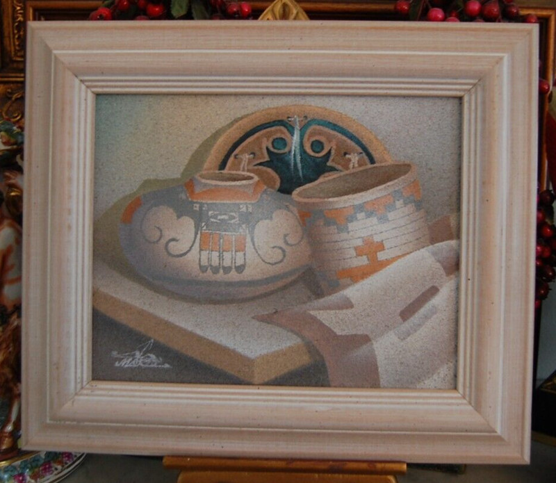 ORIGINAL VTG COA MYONG MARIO JUNG SOUTWESTERN POTTERY ART SAND OIL PAINTING #2