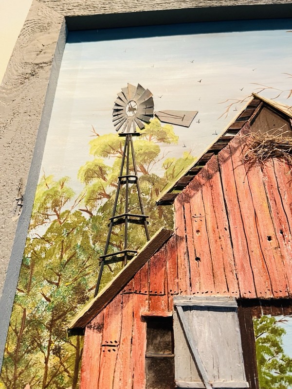 VTG 3D Art Piece Red Barn Landscape Rustic Farmhouse Signed/Dated By Artist 1988 gallery