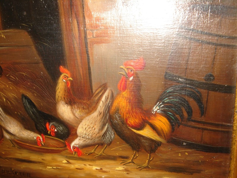 Antique oil painting, 1. { H. van Tankeren (1900 - 1980), Rooster with chickens. gallery