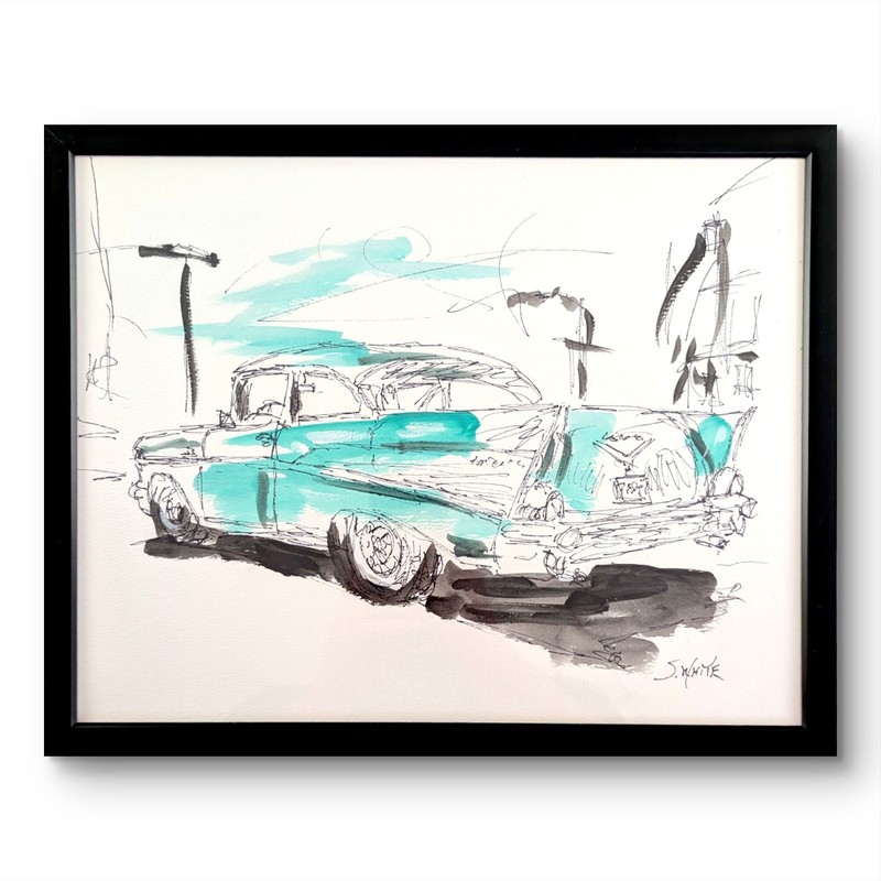 Vintage Car Original Painting 11×14 Chevy Bel Air Wall Art Includes Frame Swhite