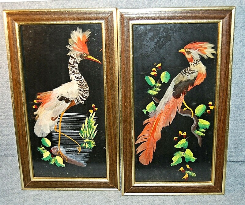 Pair Framed Asian Painted Stork Painted Feather Bird Art on Black Cardboard OOAK