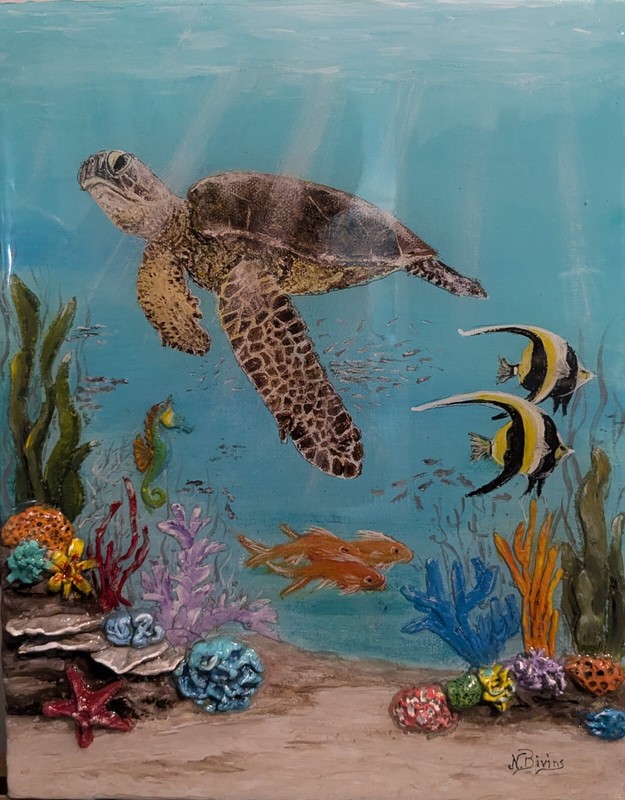 Sea Turtle, coral reef, acrylic/resin 2 Dimension tropical ocean canvas 11 x 14
