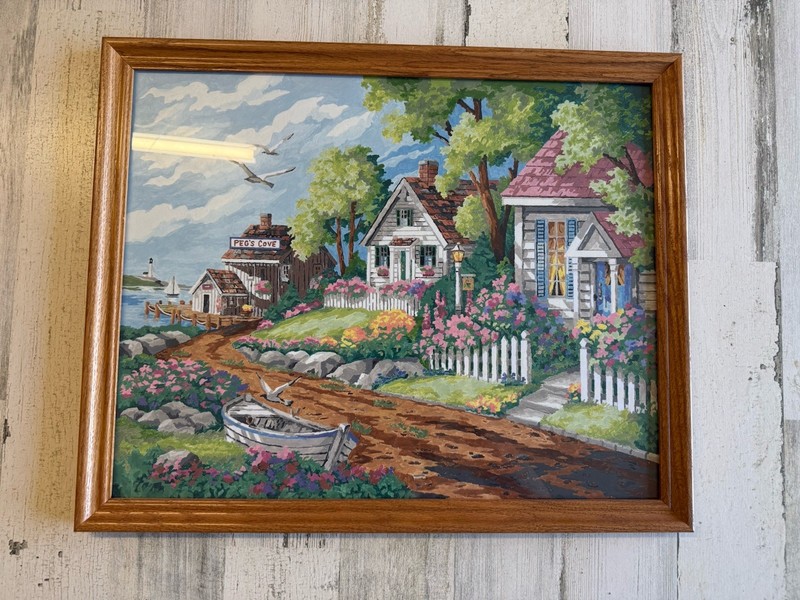 Framed New England Cottage Painting Cottagecore 90s Vtg Paint By Numbers 22×18