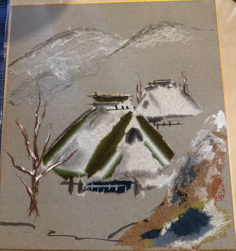 Vintage Japanese Shikishi Snow Village Mixed Media Painting Gold Edge Red Seal