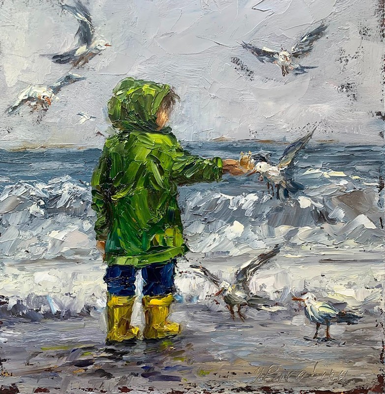 Child Feeding Seagulls Original Oil Painting Coastal Impasto 8 x 8 Signed Sea