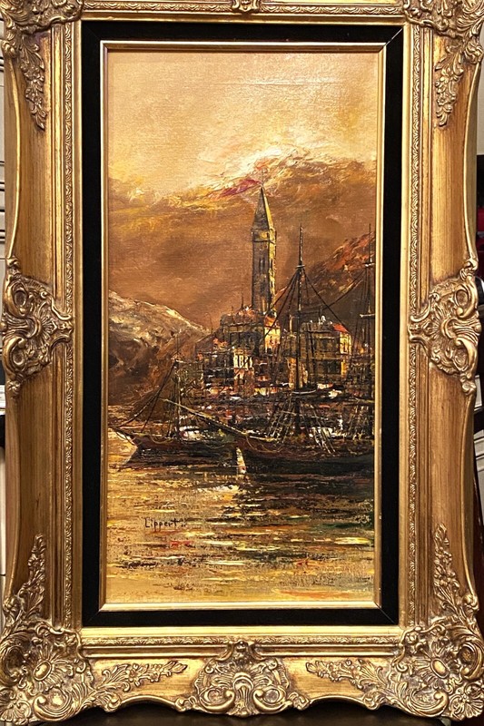 VTG Mid. 20th C Original O/C «Sailboats In A Harbor At Sunset» Signed Lippert!