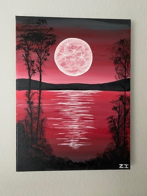 Red Acrylic Painting Moon River Trees 12x 9 Ltd. Series Admiration of the Moon