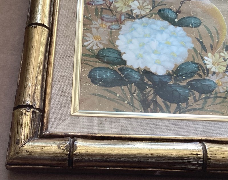 Vintage Original Acrylic Painting, Flowers & Fancy Bird, Taiwan gallery