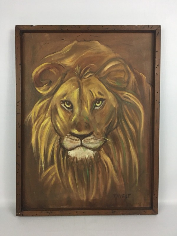 Original Painting Canvas AFRICAN LION – Signed THIELE Outsider Art Safari Decor