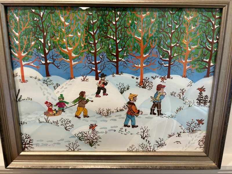 Vintage Primitive Folk Art Painting Winter Rabbit Hunt Scene Hungarian Artist gallery