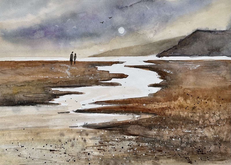 Watercolor Original Painting Landscape beach sea people Seascape Sand A4
