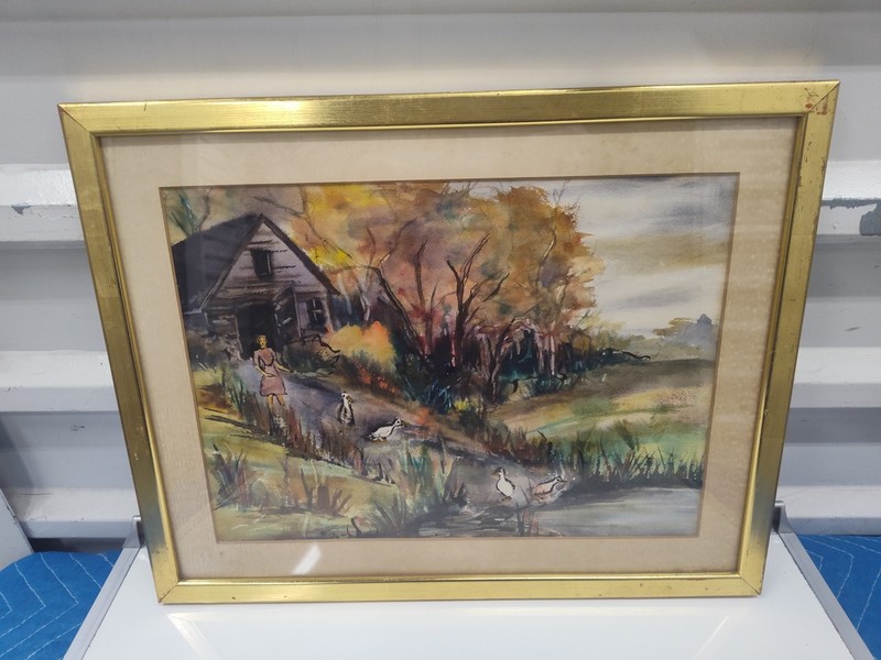 BEAUTIFUL VINTAGE WATERCOLOR PAINTING ( COUNTRY DUCK POND ) 18 1/2×14 1/2