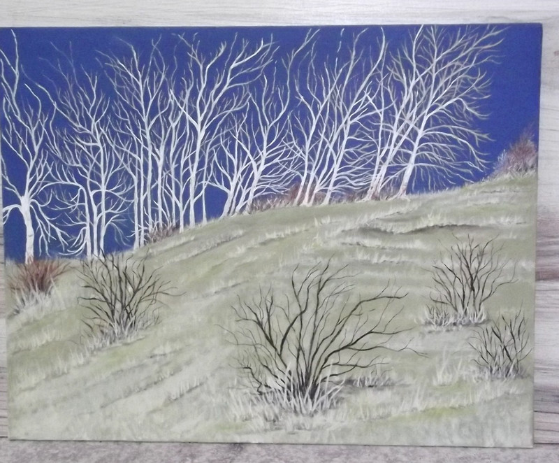 Bare Trees and Bushes on Hill, 11×14 acrylic on canvas, B105