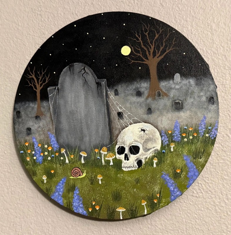 Original Acrylic Painting, Cemetery Skull, 10x10inch Canvas