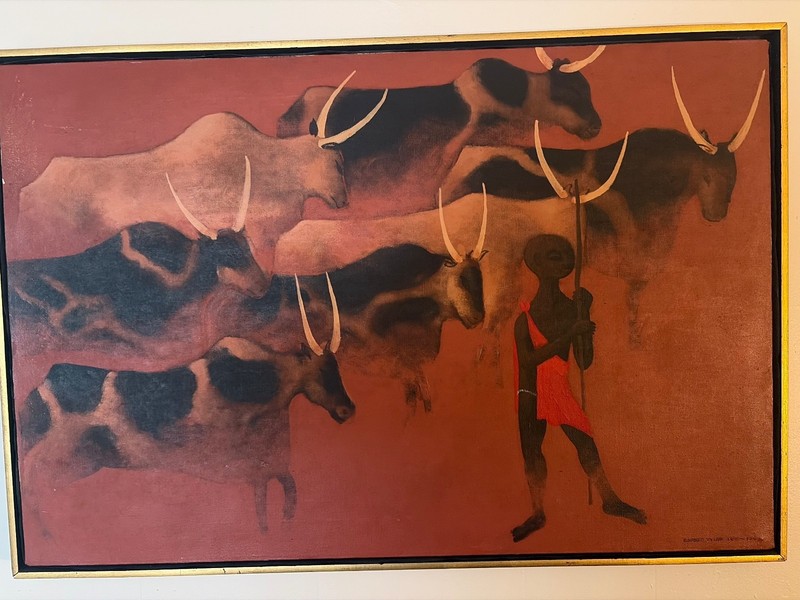 ROBERT TYLER LEE 1967 ORIGINAL FRAMED OIL PAINTING: 7 bulls, dark red hues