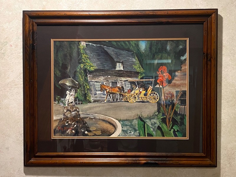 Horse Carriage at log home painting by artist Kay Miller 1981, 27 3/4″ x 22 1/2″