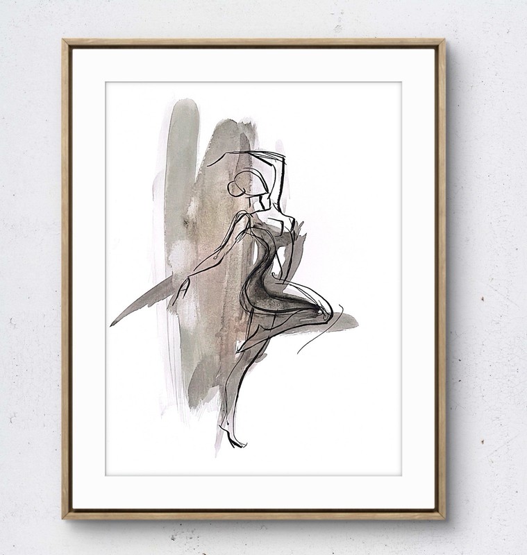 Laeknapes 12×9 Original Modern Female Dancer Line and Watercolor Abstract Study