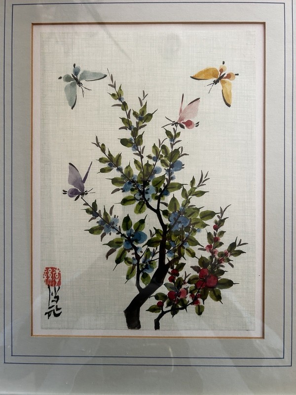 Johnson Lee Floral and Butterfly Watercolor Painting, 13”x16” Faux Bamboo Frame gallery