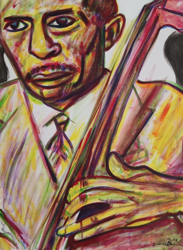 LARRY RIDLEY BASS JAZZ ACRYLIC PAINTING 18″×24″