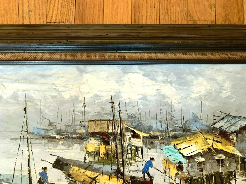 VINTAGE OIL PAINTING ORIGINAL SIGNED ASIAN PORT SHIPS TEXTURED COLORFUL gallery