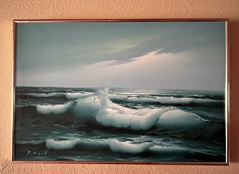 Oil Painting Canvas Artist P. Angel Framed Ocean Waves Seascape Beach Signed