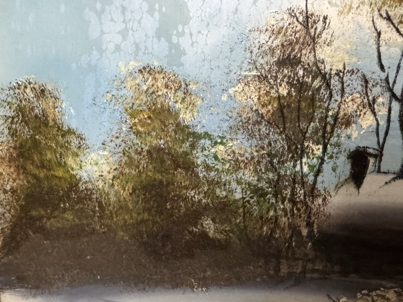 Antique Large Reverse Painted Glass Painting Old Grist Mill Russell Old Frame gallery