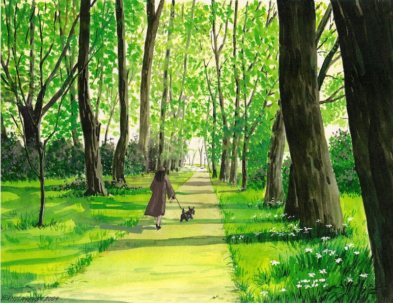 8X10 PRINT OF PAINTING SCOTTISH TERRIER RYTA ALLEY SPRING LANDSCAPE DOG Art Walk