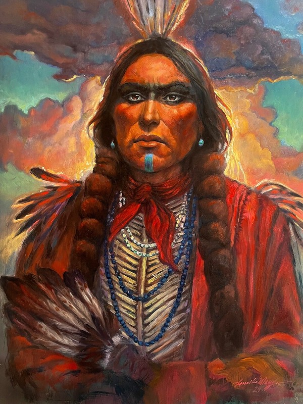 CREE WARRIOR Original Oil Painting HAWK FEATHER SUN CLOUDS WESTERN ART Mystical