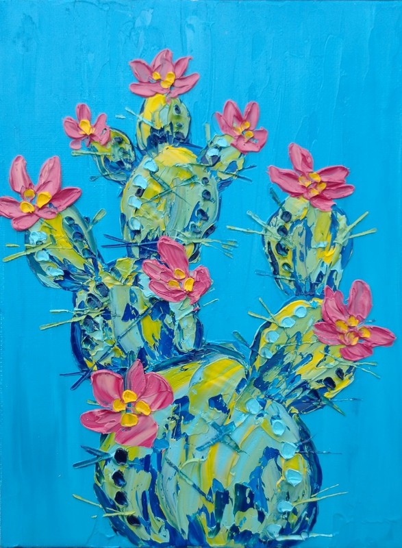 Original 6″ x 8″ Oil Painting Desert Cactus pink Flowers Textured IMPASTO Art