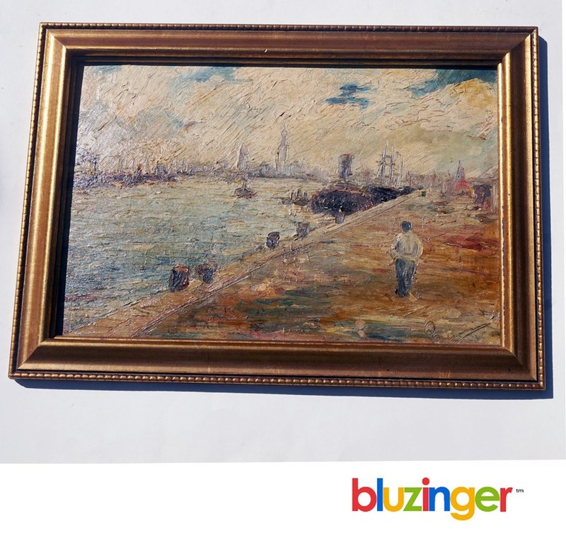 Post Impressionist Harbor Scene Landscape Oil Painting 20thC. Signed Illegible.