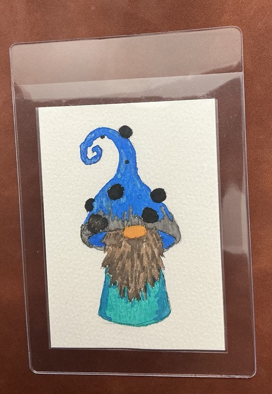 ACEO Original Watercolor Mushroom Head Gnome Fantasy Art Miniature Painting ATC