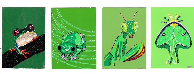'Life in Color' Branch Frog Original ACEO created using a Paint Chip, Green gallery