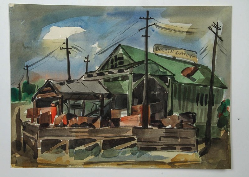 MCM CALIFORNIA MODERNIST PAINTING Muriel Backman GOLDEN GATE Old Granite Works