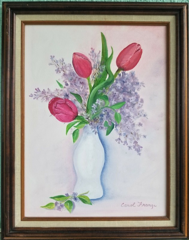 Signed Oil Painting Still Life Flowers Carol Franze Tulips on Canvas Chic