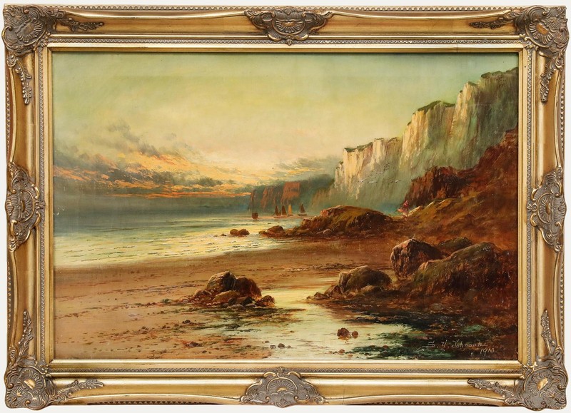 Sidney Yates Johnson (fl.1890-1926) – Framed 1913 Oil, Sunset at Low Tide