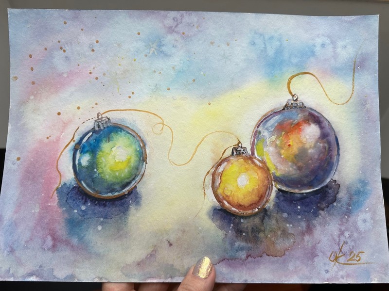 Watercolor Christmas Ornaments, Red yellow Green Baubles, Festive Winter Holiday gallery