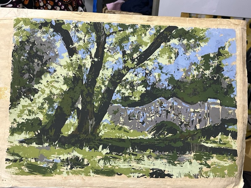 Impressionist Painting on Heavy Linen Paper, Colorful Landscape - Signed 16" gallery