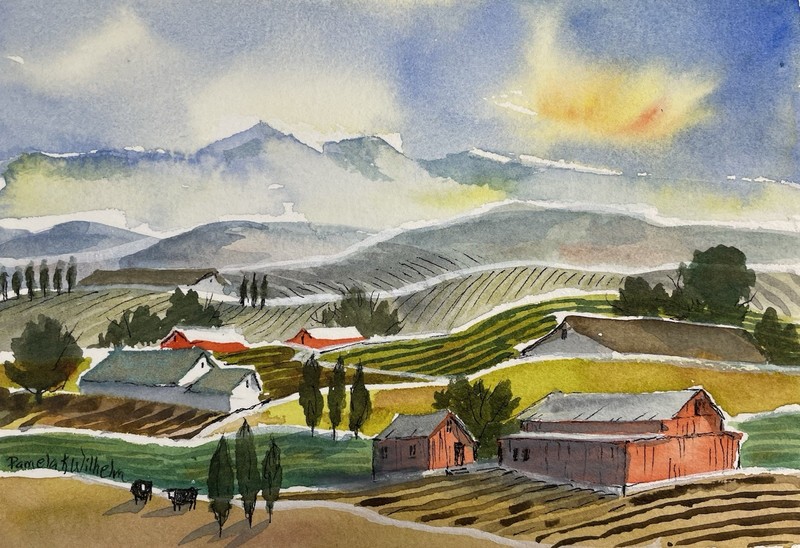Original Pamela Wilhelm Watercolor Hills Farm Barn Mountain Fields Primitive
